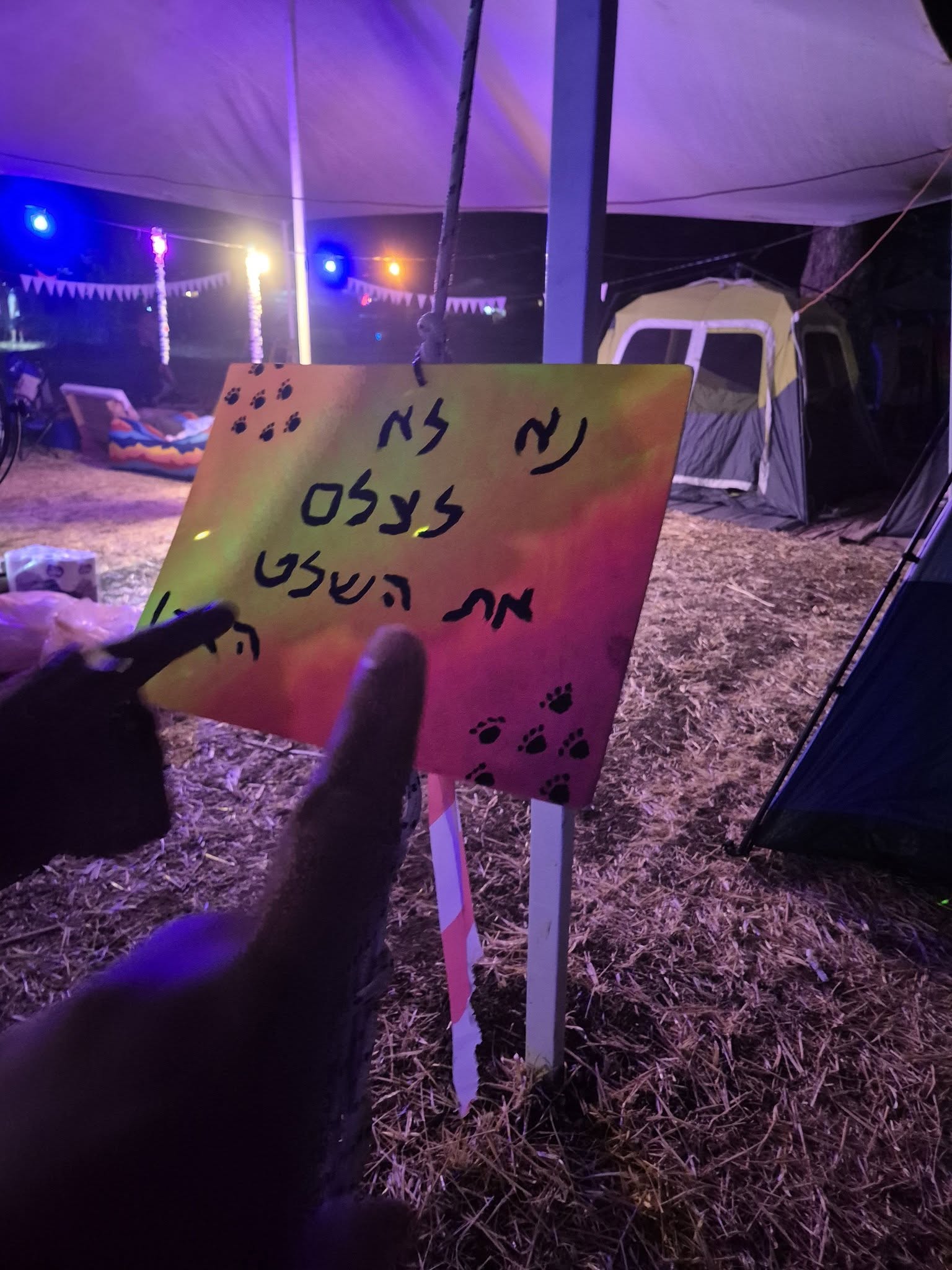 A hand-lettered sign is held up at night on the festival grounds.