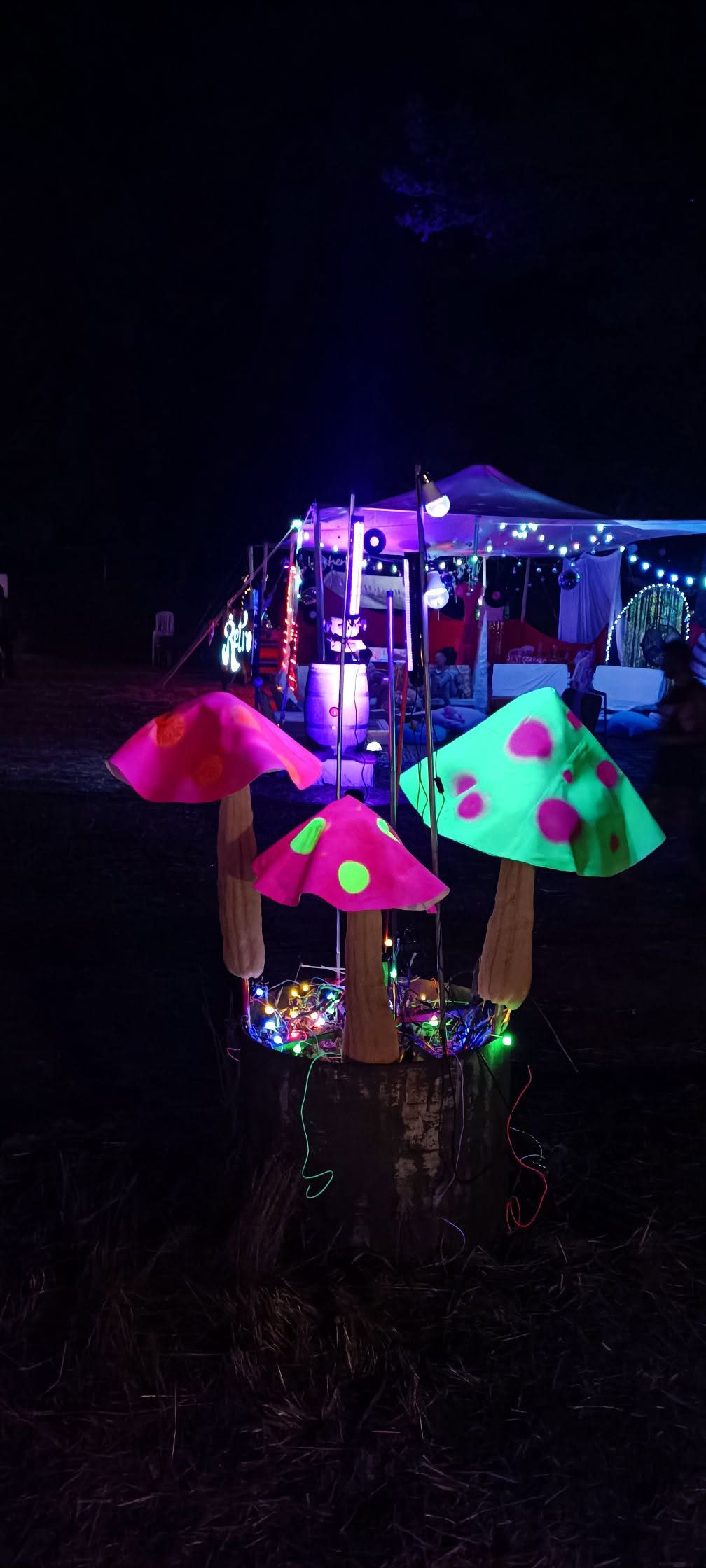 A small vehicle decorated with lights and flowers in the dark.